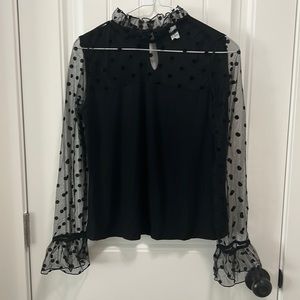 NWOT Polka Dots Mesh Long Sleeve Frill Trim Mock Neck Tee Top Black XL